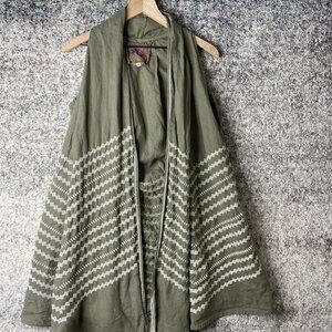 JW Los Angeles Vest Womens XS Green Linen Sleeveless Embroidered Boho Drape Long